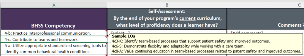 Screenshot of the High-Level Gap Analysis Tool sample LOs hover menu available for each competency.