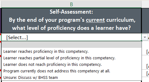 Screenshot of columns A and B of the High-Level Gap Analysis Tool, and the Column B dropdown menu options.