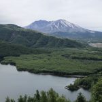 Mt. St. Helens with trees and lake in foreground