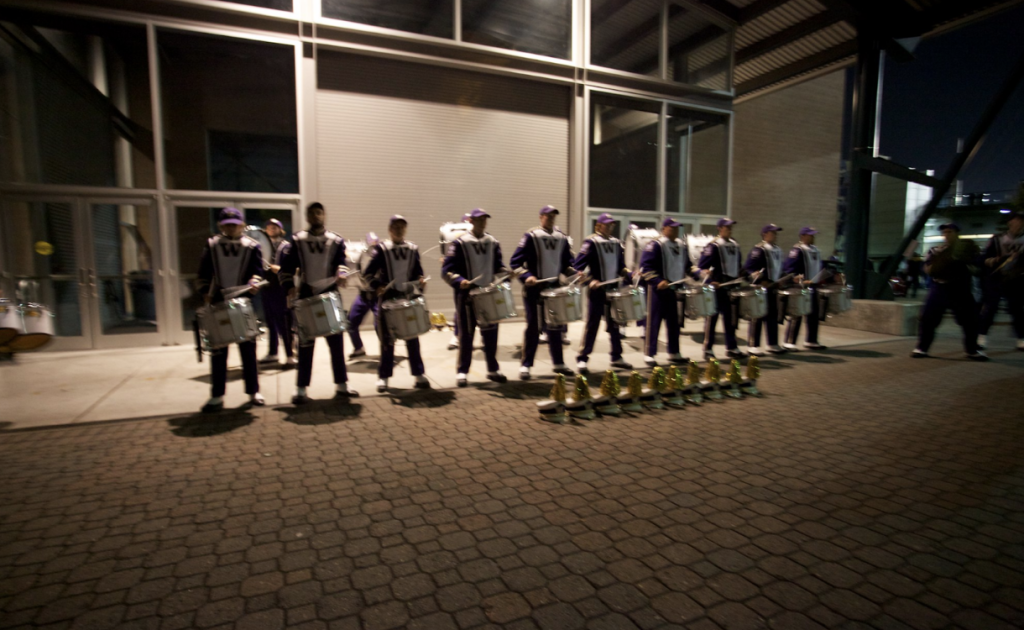 Photo was taken at November 5th 2011 The UW drumline team was practicing at night for the football matches.