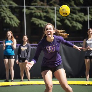 Image created by AI with the prompt, University of Washington woman athlete playing spikeball. Features a realistic image of a player. AI 'hallucinations' 1) The spikeball scale could be a volleyball and 2 ) the player is standing on the spikeball trampoline