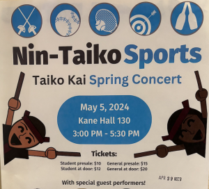 This image is an example of student group flyer advertising a UW student taiko club spring concert performance theme nin-taiko sports. It combines sports icons and taiko drum characters.