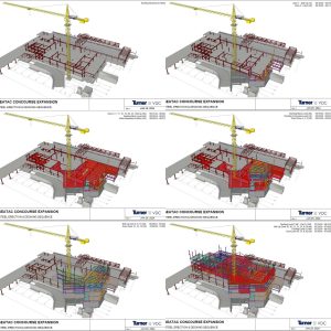 Drawings showing how Turner Construction Company utilizes 3D model to show construction phases