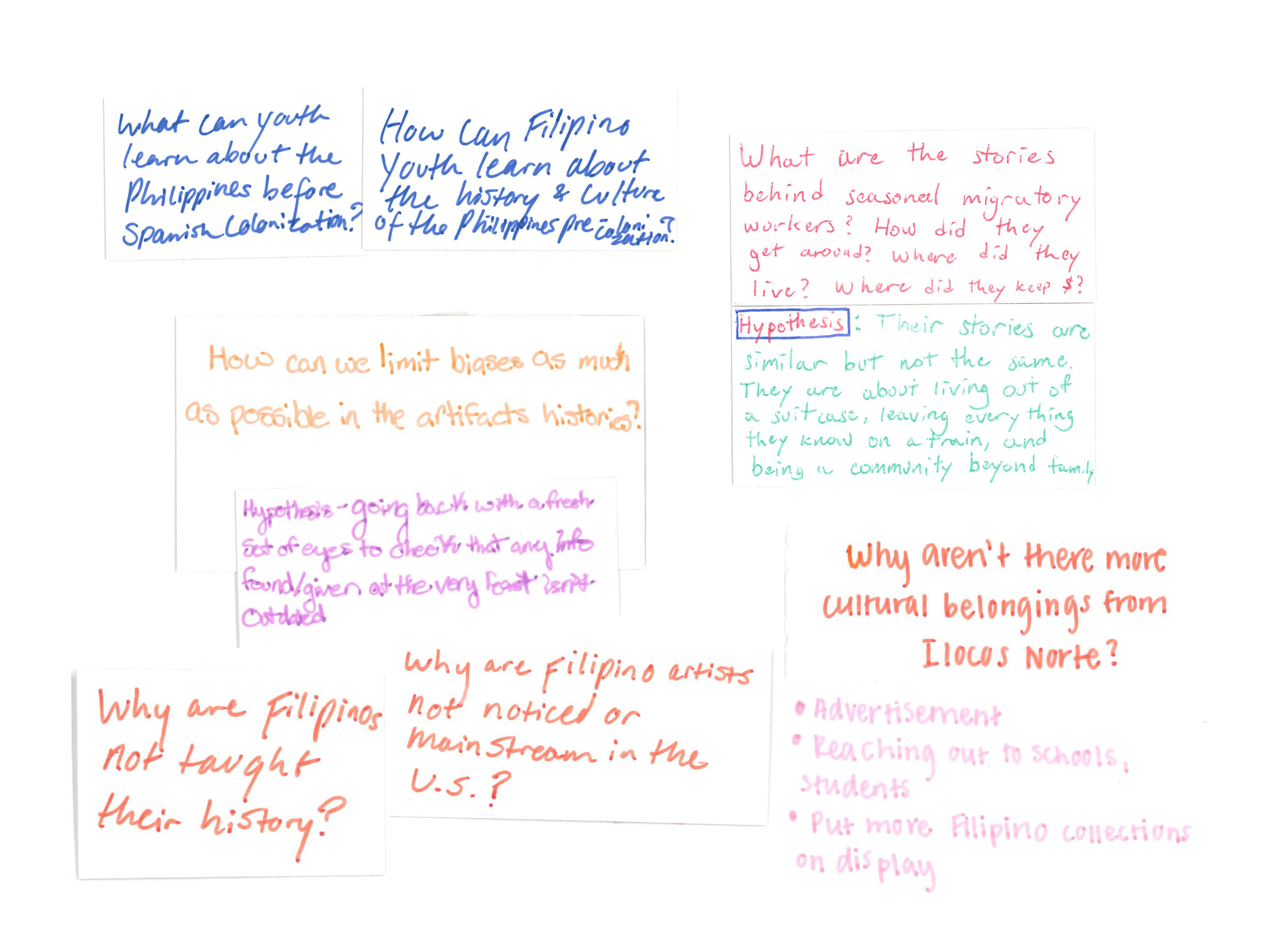 Handwritten notes of students’ questions and responses, written in different colors.