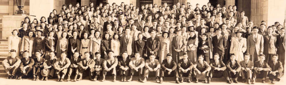 The group photo taken in front of Suzzallo Library was taken sometime in the fall of 1941 during a conference of Asian American students held at the UW. Most of the students depicted are UW Nikkei students.