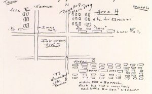 Handrawn map of Camp Harmony showing barrack layout.