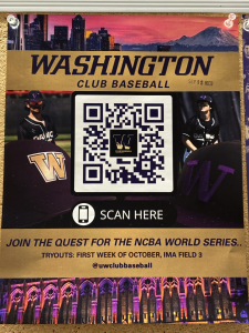 Image of a flyer advertising the baseball club with a QR code, campus scenes, and baseball players.