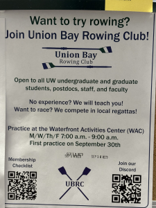 Recruiting flyer for UW students to join the Union Bay Rowing Club featuring QR codes and paddle logos