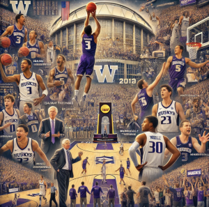 An AI-generated image that visually captures the spirit of UW men’s basketball in the 2010s. The image highlights key players, memorable game moments, and the crowd’s unwavering support at Alaska Airlines Arena.