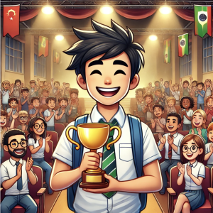 A cartoon of a smiling Chinese high school boy holding a trophy, surrounded by cheering students and teachers of various ethnicities in a vibrant auditorium.