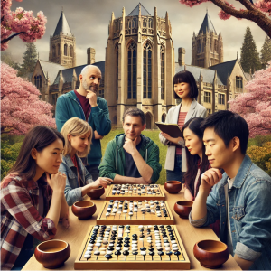 People from all races gather together playing Go game in University of Washington