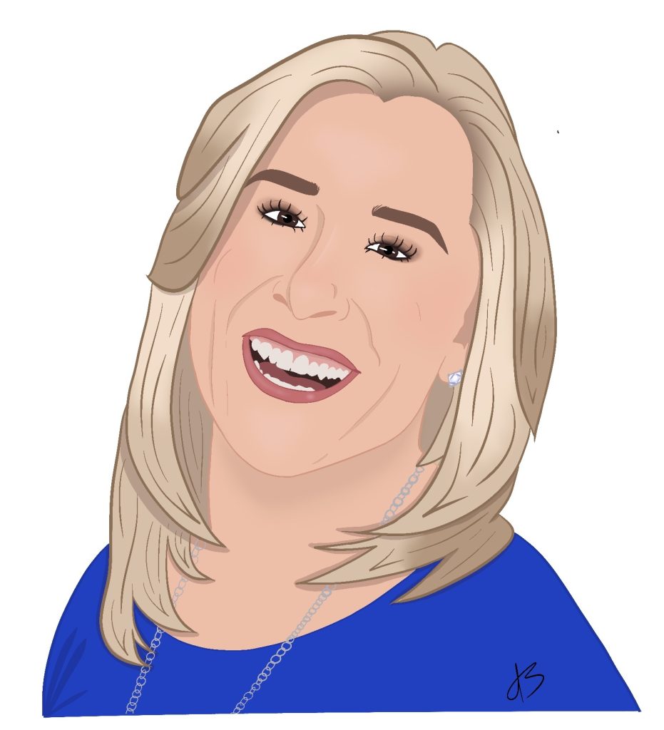 Illustrated portrait of Angie Mentink smiling at the viewer with a blank background.