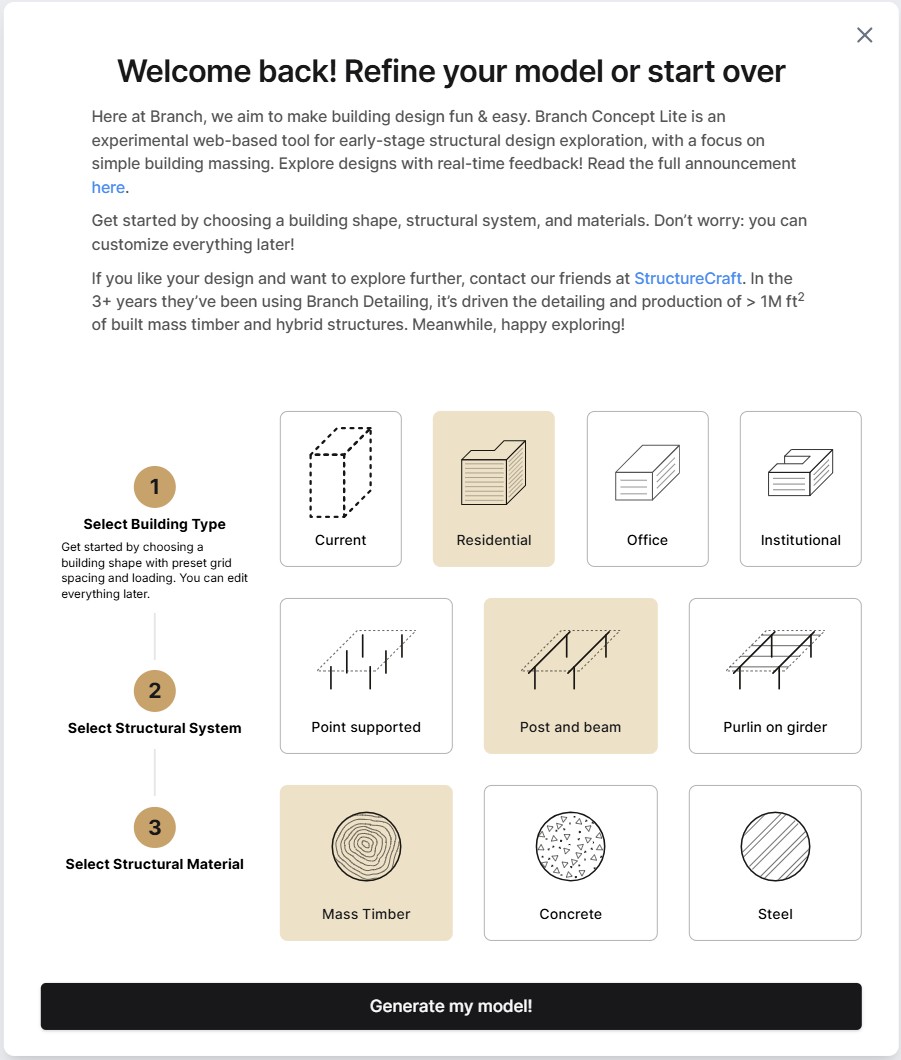 Welcome page for the Branch 3D concept lite software that expalins the options available.