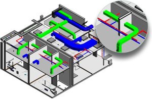 BIM clash detection visualization highlighting conflicting services within confined spaces. Source: Autodesk BIM Gallery.