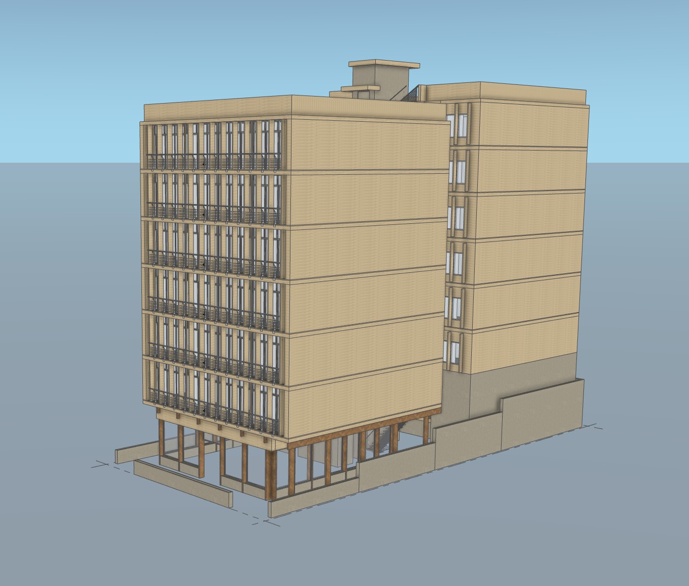 Conceptual SketchUp Massing model showing the massing and material choices