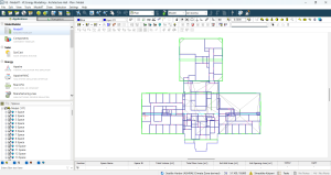 Screenshot of Architecture Hall Revit model imported into IESVE ModelIT module. The floor plan view displays energy analysis spaces and building geometry translation results.