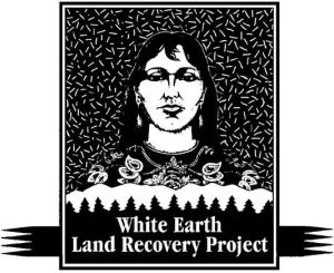 Black and white woodcut image of native woman over the title White Earth Land Recovery Project